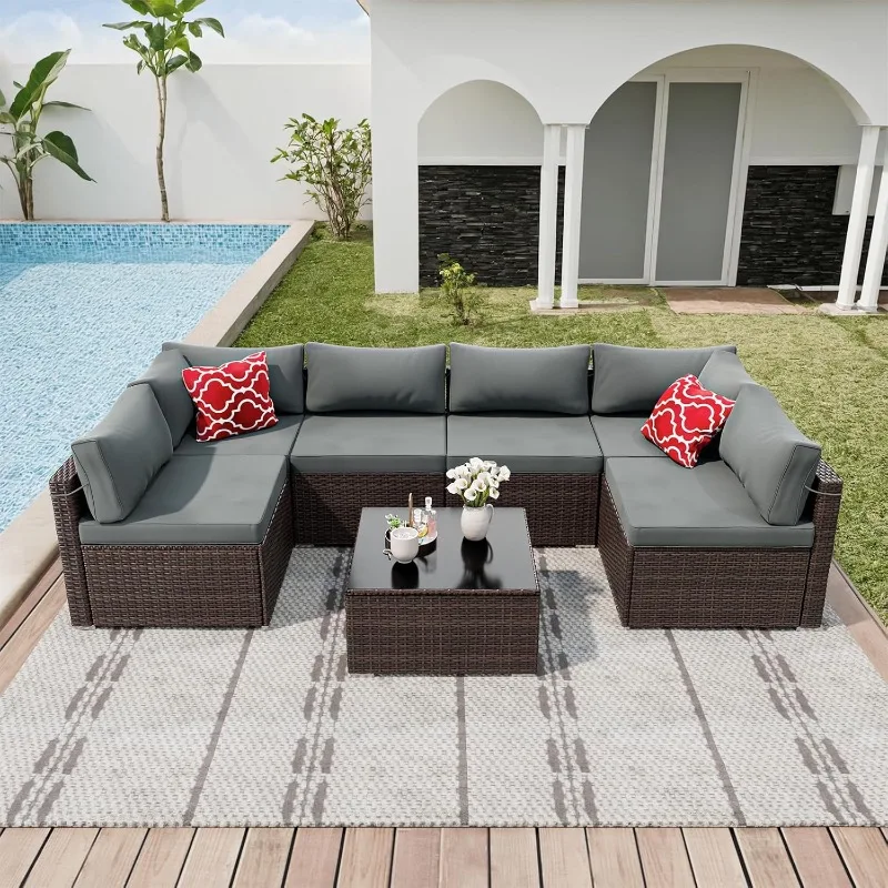 Outdoor Sectional Furniture Chair Set with Cushions and Glass Top Coffee Table, Wicker Sectional Sofa Set, Outdoor Furniture