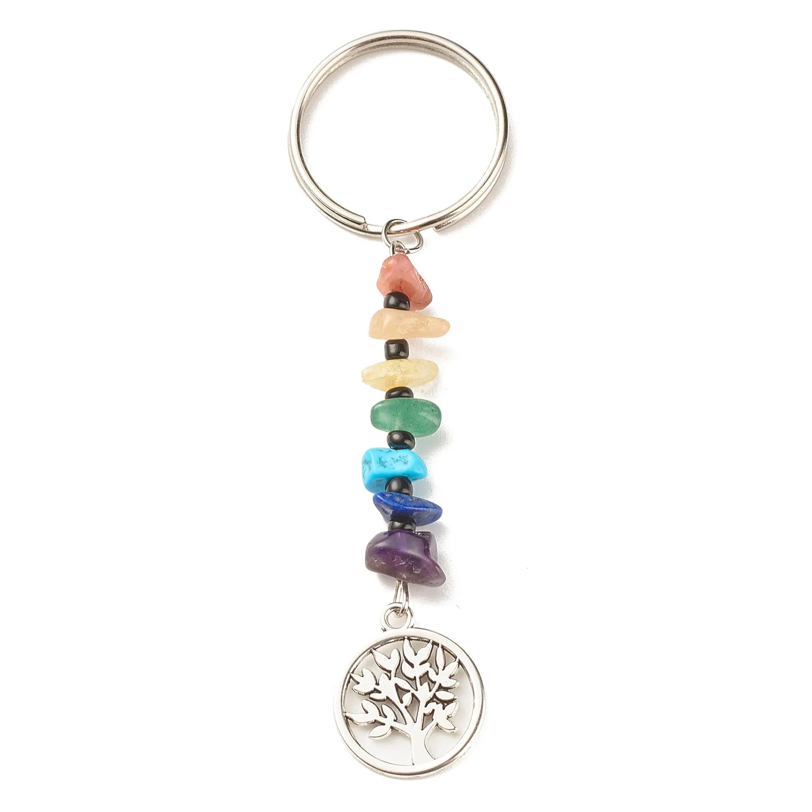 Irregular Seven-color Gravel Rice Ball Alloy Tree of Life Pendant Keychain