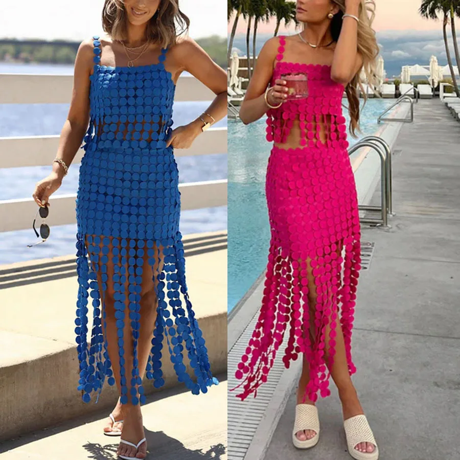 

Women Spring and Summer New Fringed Strap Sleeveless Tank Top & Long Vacation Loose Skirt Two-piece Set