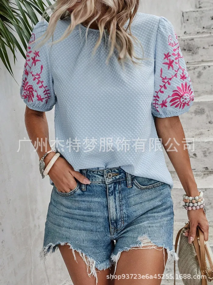 

Women Floral Embroidered Textured Tops Crewneck Puff Short Sleeve Casual Loose Solid Embroidery Blouses Shirts
