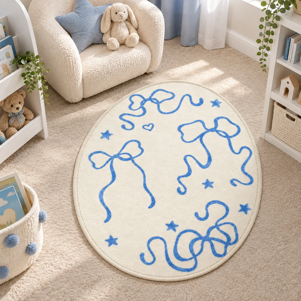 Blue Bow Oval Area Rug Soft Flannel Non Slip Floor Mat For Bedroom Dressing Room Nursery Living Room Home Decor Cute Gift