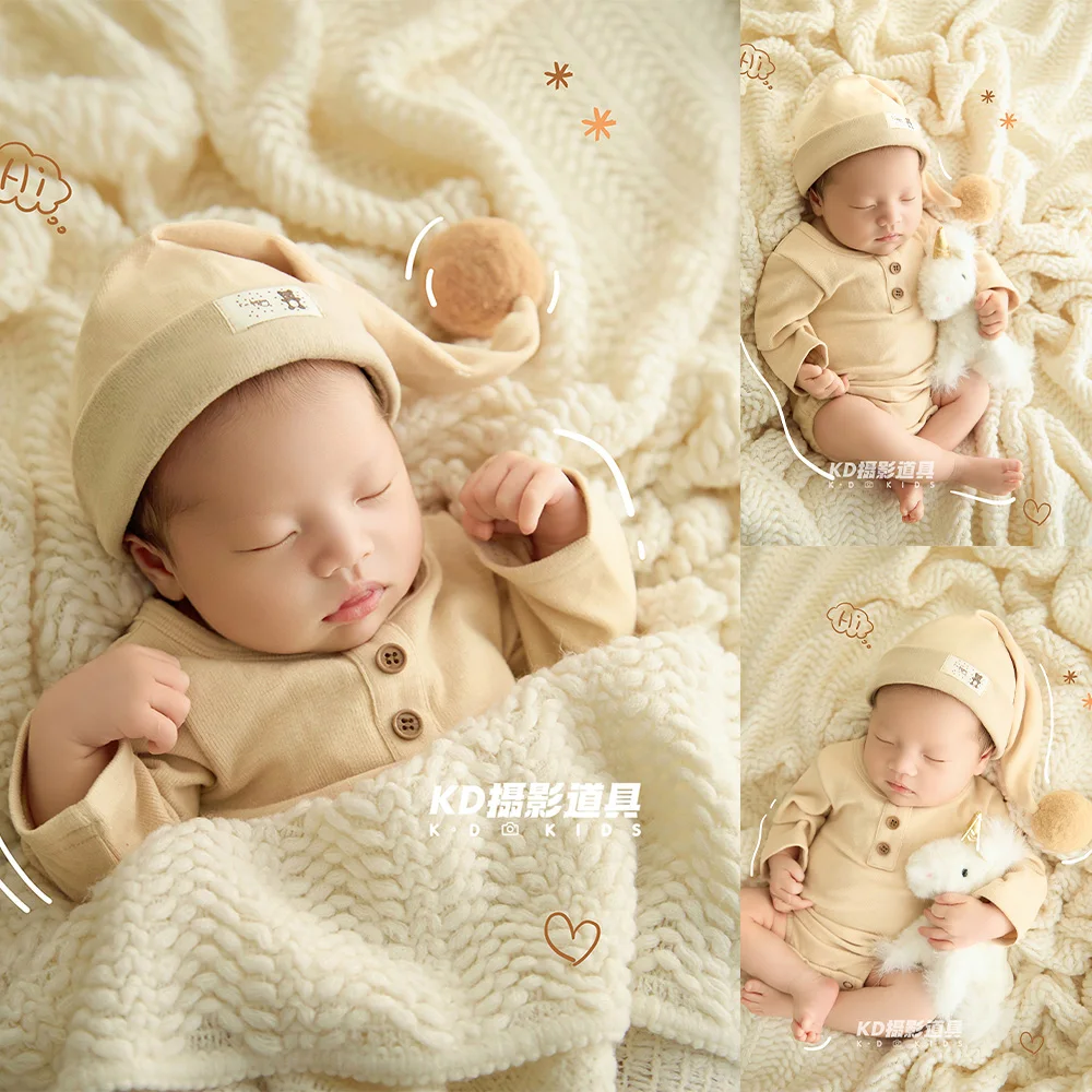 

Minimalist Neutral Newborn Photo Props Set Baby Romper+sleeping Hat Plush Animal Props for Studio Baby First Photoshoot Memories