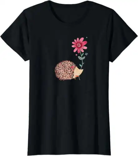 

Women Tops Cute Vintage Hedgehog & Flower Art T-Shirt & Gift