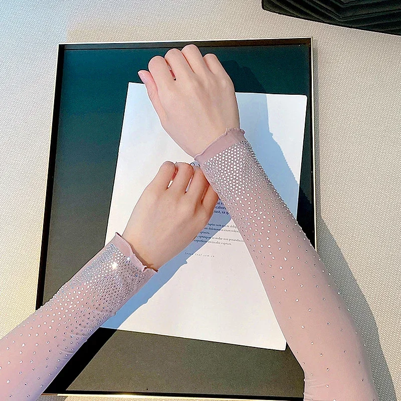 Mangas de brazo de moda sin dedos mangas largas guantes de diamantes de imitación protector solar de verano cubierta de brazo de conducción senderismo escalada Oversleeve
