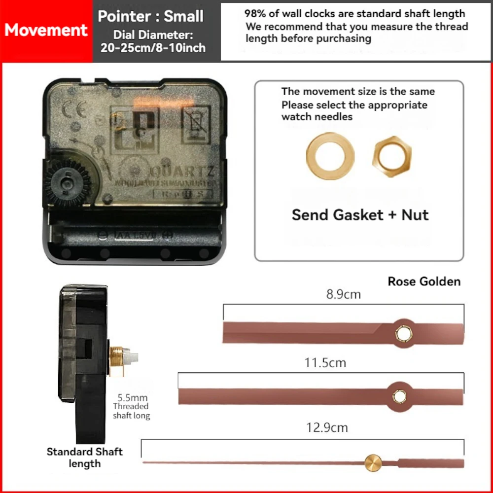 

Small Quartz Movement Silent Clock Rose Golden Pointer DIY Clock Replacement Accessories Suitable 8-10 Inch Wall Clock