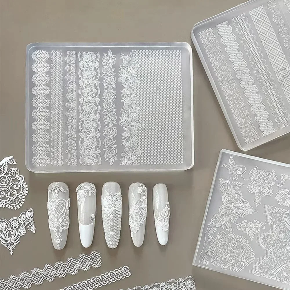 1Pcs Charms Nails Templates DIY Sexy Elegant Laces Manicure Mold 3D Lace Rose Silicone Nail Art Molds Hollow French Checkered