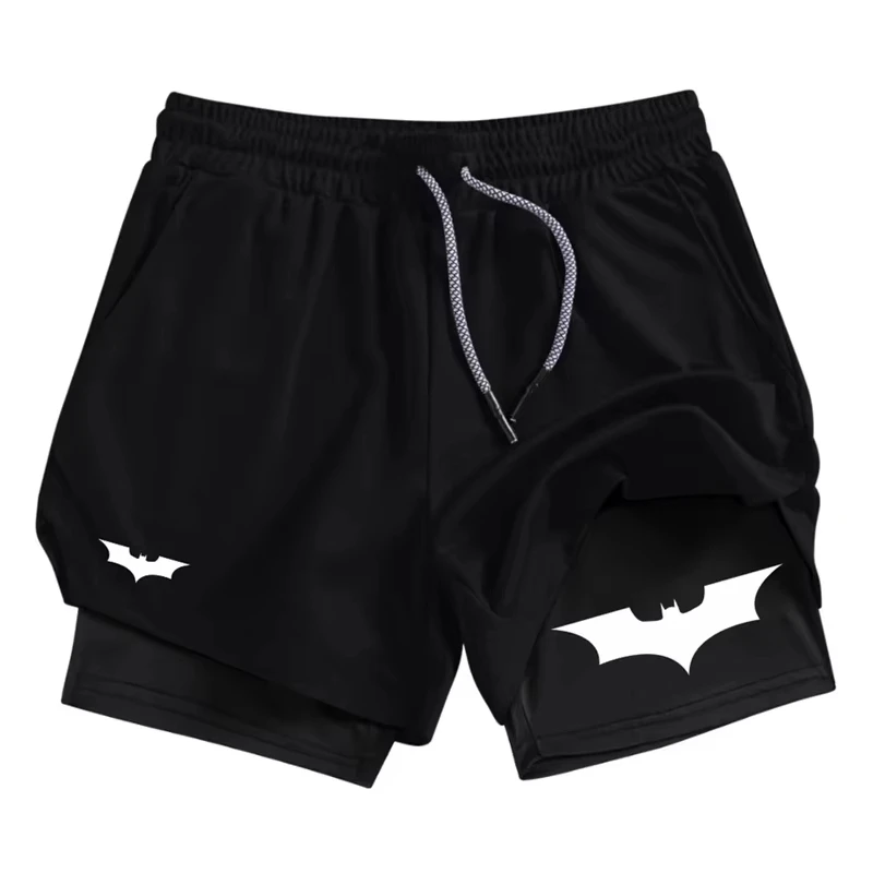 Bat Print 2 in 1 Performance Shorts for Men Athletic Breathable Quick Dry Shorts with Phone Pocket Gym Workout Running