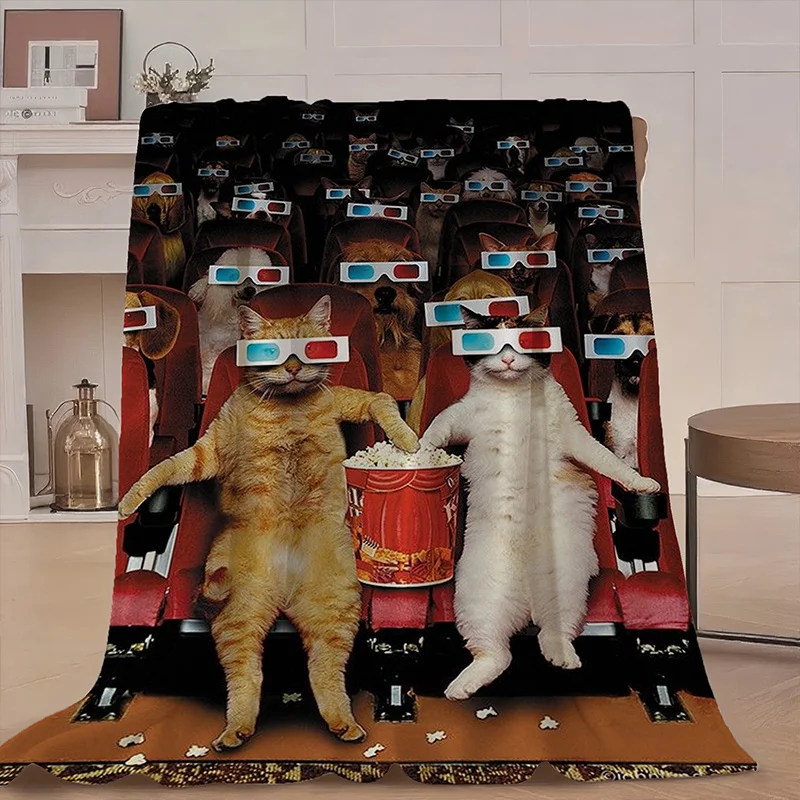 Cat Watching Movies Digital Print Flannel Blanket, Durable Wrinkle-Resistant Soft, Portable for Outings and Cheering, Suitable