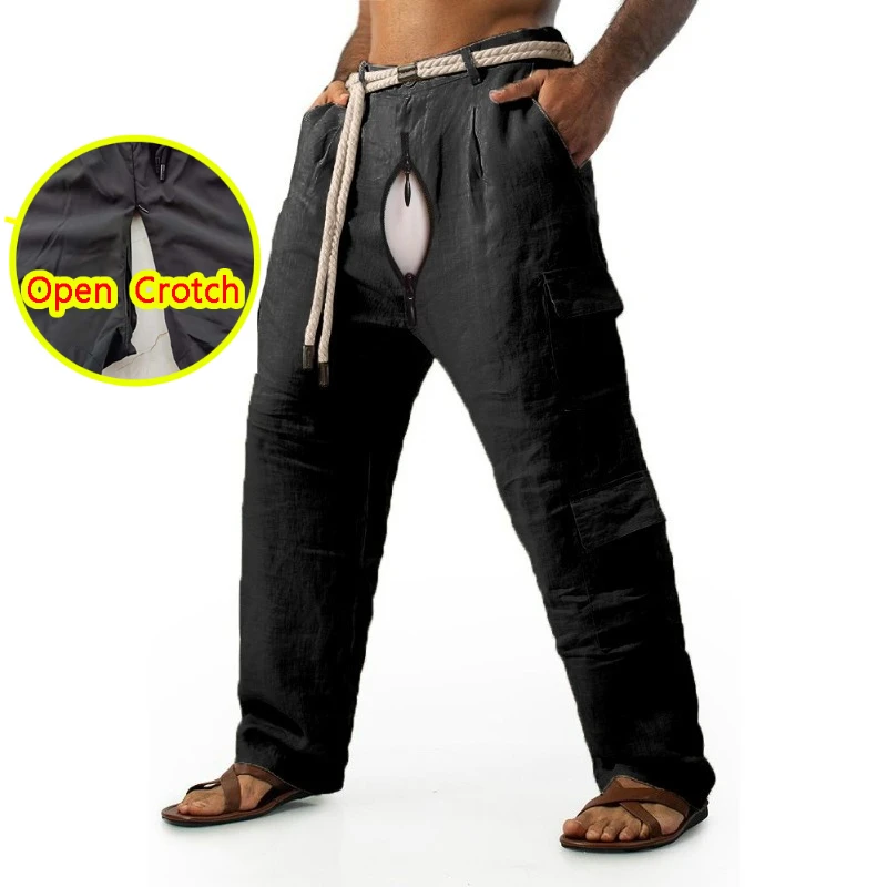 

Men's Open Crotch Trousers Fashionable Street Cotton Casual Thick Waist Rope Multi-pocket Solid Color Comfortable Outdoor Daily