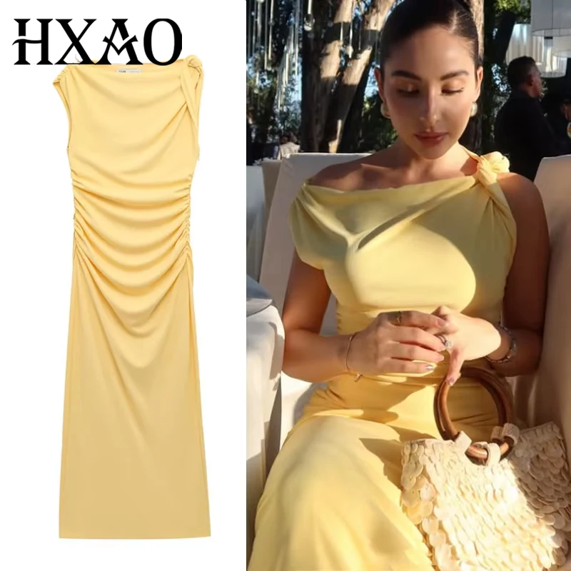 HXAO Asymmetrische lange Kleider 2025, ärmelloses gelbes Midikleid für Damen, gerüscht, figurbetont, Partykleider, Damen, Schlitz, elegantes Kleid 088