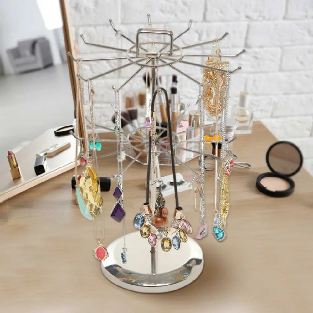 2-Tier Design Jewelry Organizer Stand Rotatable Iron Material Two Tier Jewelry Rack Hooks Included Round Shape