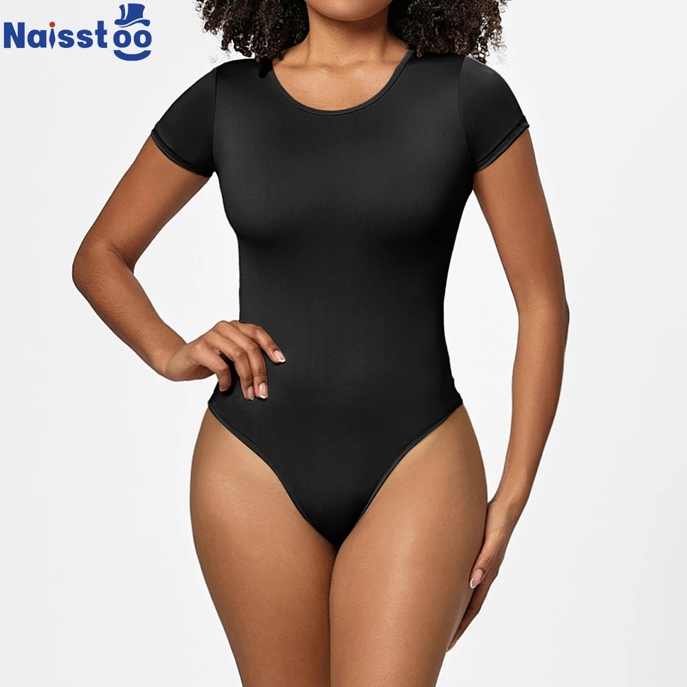 

Thong Body Shapewear Bodysuit Light Tummy Control Short Sleeve Body Shaper Bodysuit Adjustable Hooks Crotch Summer Jumpsuit