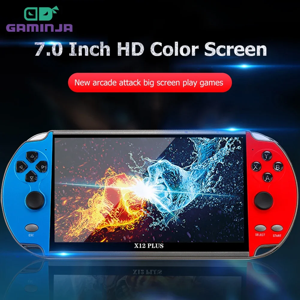 GAMINJA X12 Plus وحدة تحكم بجهاز لعب محمول 7.1 بوصة عصا تحكم مزدوجة IPS شاشة لعبة فيديو لاعب مدمج 32G TF بطاقة لـ GBA GBC NES