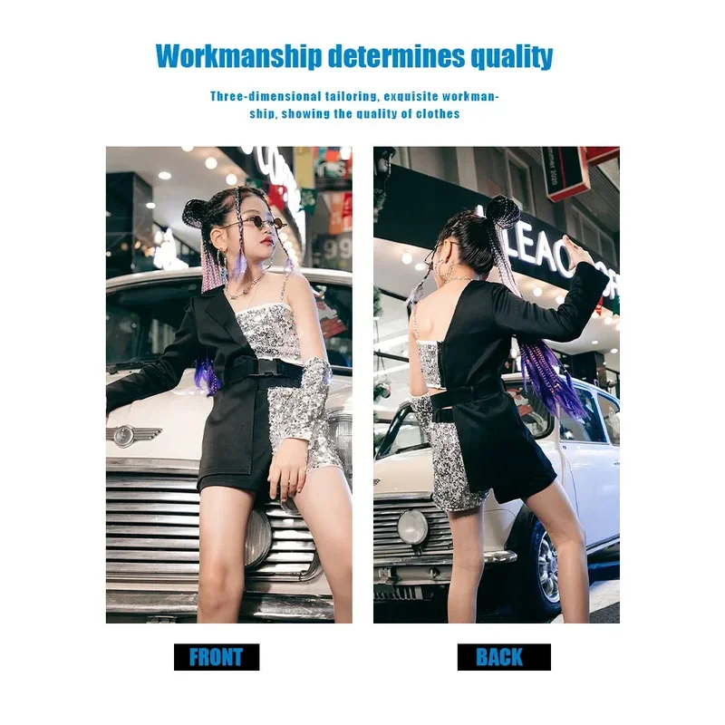 

Уличная одежда CyGirls Y2K, дизайн, мода, уникальное шоу, танцевальный подиум, блестки, K-pop, наряды для выступлений, черный джаз, серебро, сцена