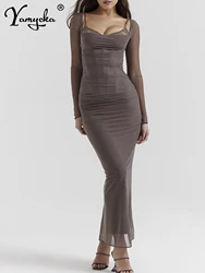 Sexy see through gauze brown maxi summer dress women bodycon Long sleeves party dresses women new evening long dresses vestidos