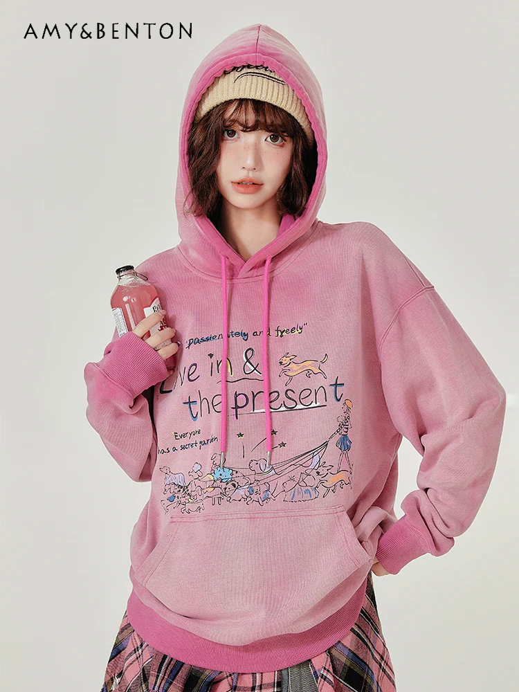 

2025 Autumn New American Retro Style Hooded Regular Sweatshirt for Women Cartoon Print Washed Vintage Loose Velvet Top