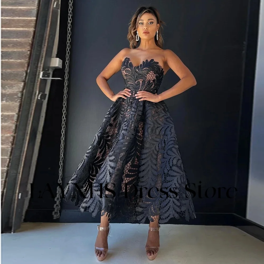 

LAYXHS Sexy Black Lace Printing Evening Dresses Sweetheart A-line Tea-Length Backless Prom Dresses Customized فساتين سهرة