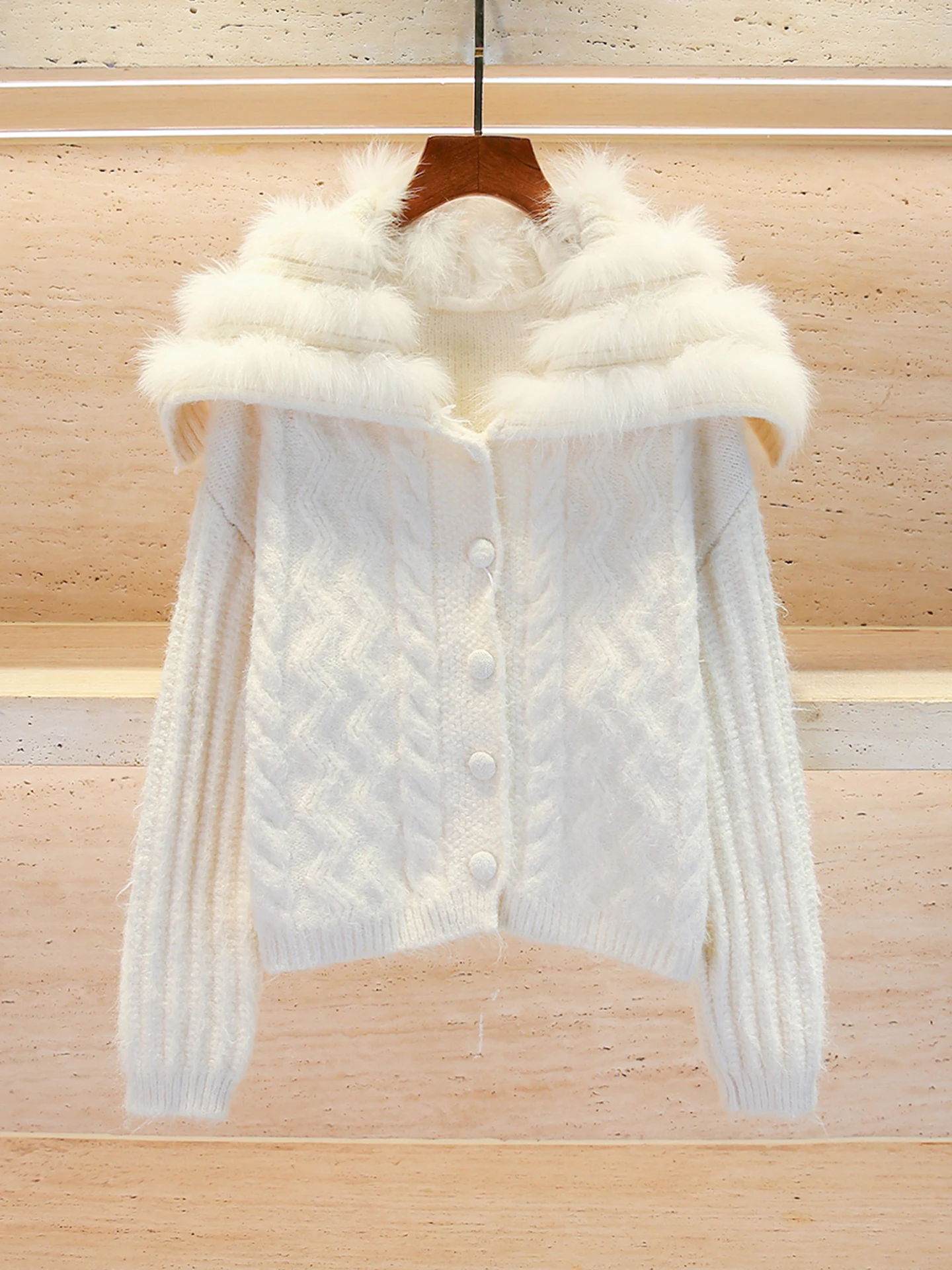 

Ele женский вязаный кардиган-свитер с воротником из страусиных перьев, нежный Sle, осенне-зимняя модная элитная женская одежда