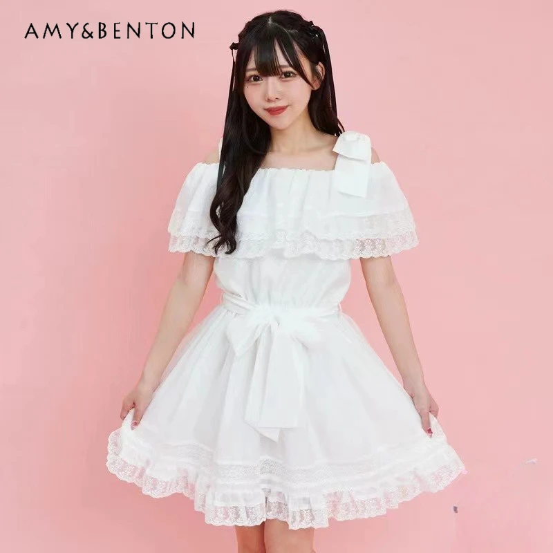 Japanese SC Sweet Bow Off Shoulder Lace Stitching Mini Dress Women Summer Kawaii Mine Series Mass-Produced Kawaii A-line Dress