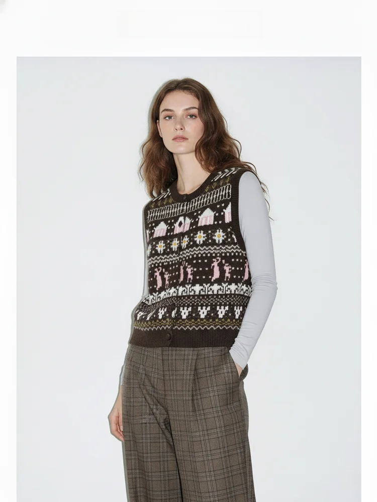 

Вязаный жилет Acousotg в стиле Fair Isle для женщин, с круглым вырезом, для многослойных образов, осенне-зимняя новинка, для повседневной носки