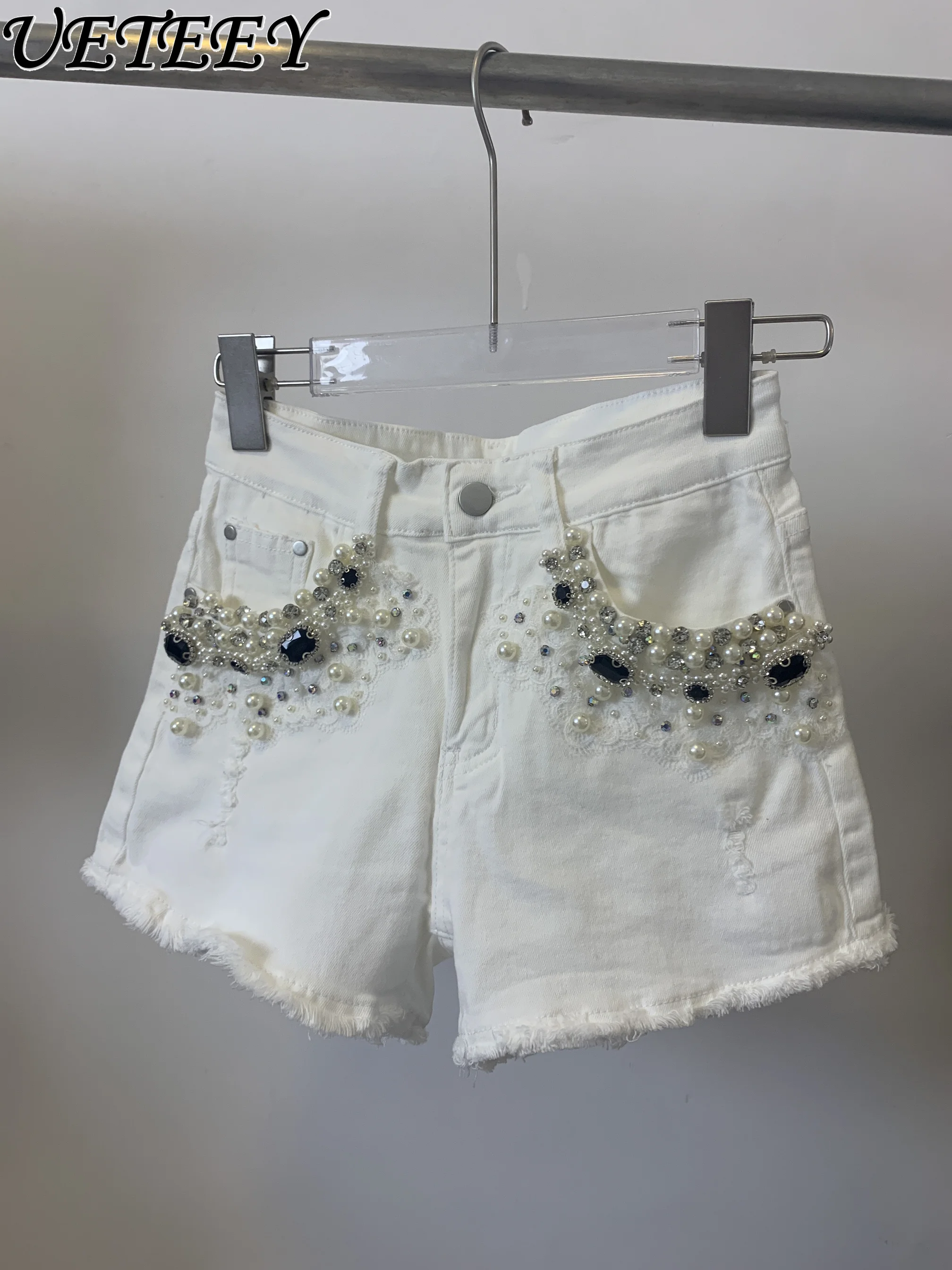 Pantalones cortos de mezclilla con cuentas para mujer, moda de la industria pesada, estilo coreano, blanco, cintura alta, ajustado, vaina, novedad de verano