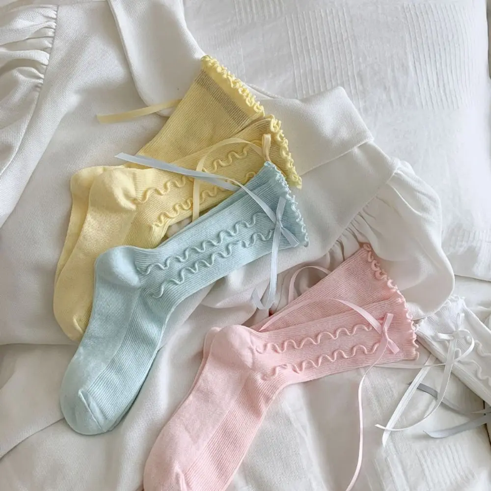 

Solid Color Princess Socks JK Cotton Elastic Children's Socks Breathable Ribbon Bow Middle Tube Socks Spring