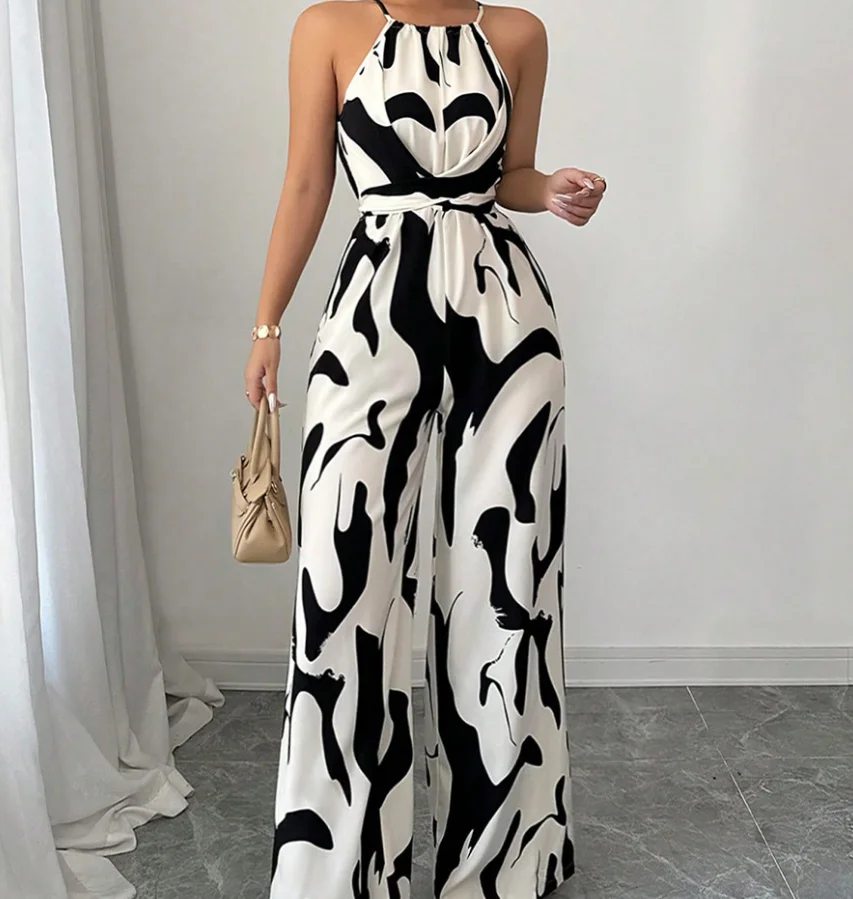 

Jumpsuit Women 2025 Summer New Fashion Zebra Striped Lace Up Casual Sleeveless High Waist Daily Wide Leg Camisole Jumpsuit