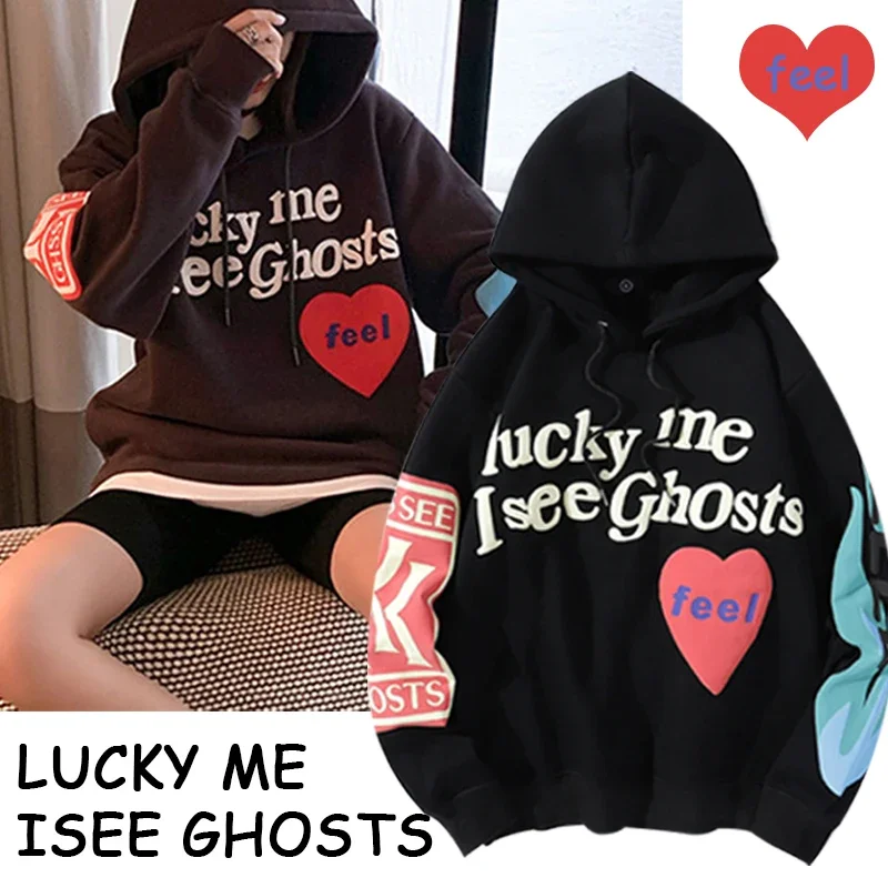 Harajuku Weirdo Graffiti Letter Printed Hoodies Men 2024 Lucky Me I See Ghosts Mens Hooded Sweatshirt Fleece Pullover Streetwear