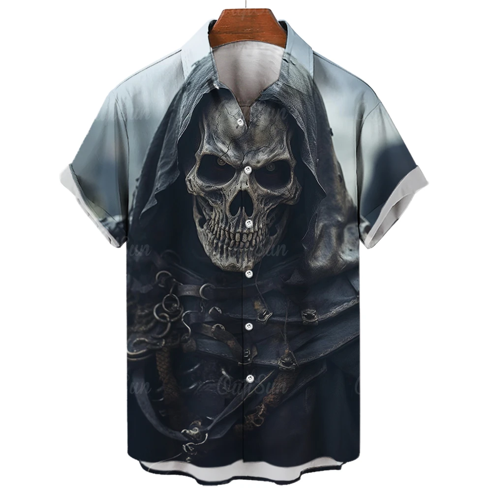 Skull Shirt For Men Hawaiian Summer Casual 3d Printed Beach Short Sleeve Button Oversized Vacation Streetwear Imported Clothing