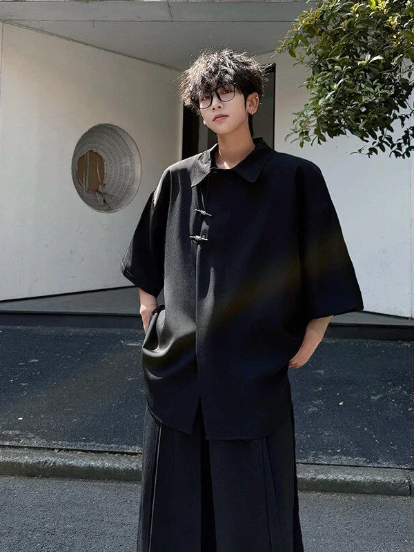 

New Chinese Sle Ice Silk Button ort Sve Men's irt Cool Feeling f Sve Summer Trendy Outerwear Layering Coat