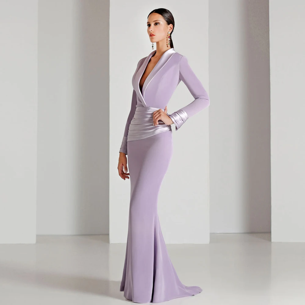 

Lilac Mother of The Bride Dresses Deep V-Neck Long Sleeves Mermaid Wedding Party Gowns Modern Evening Dress Customized
