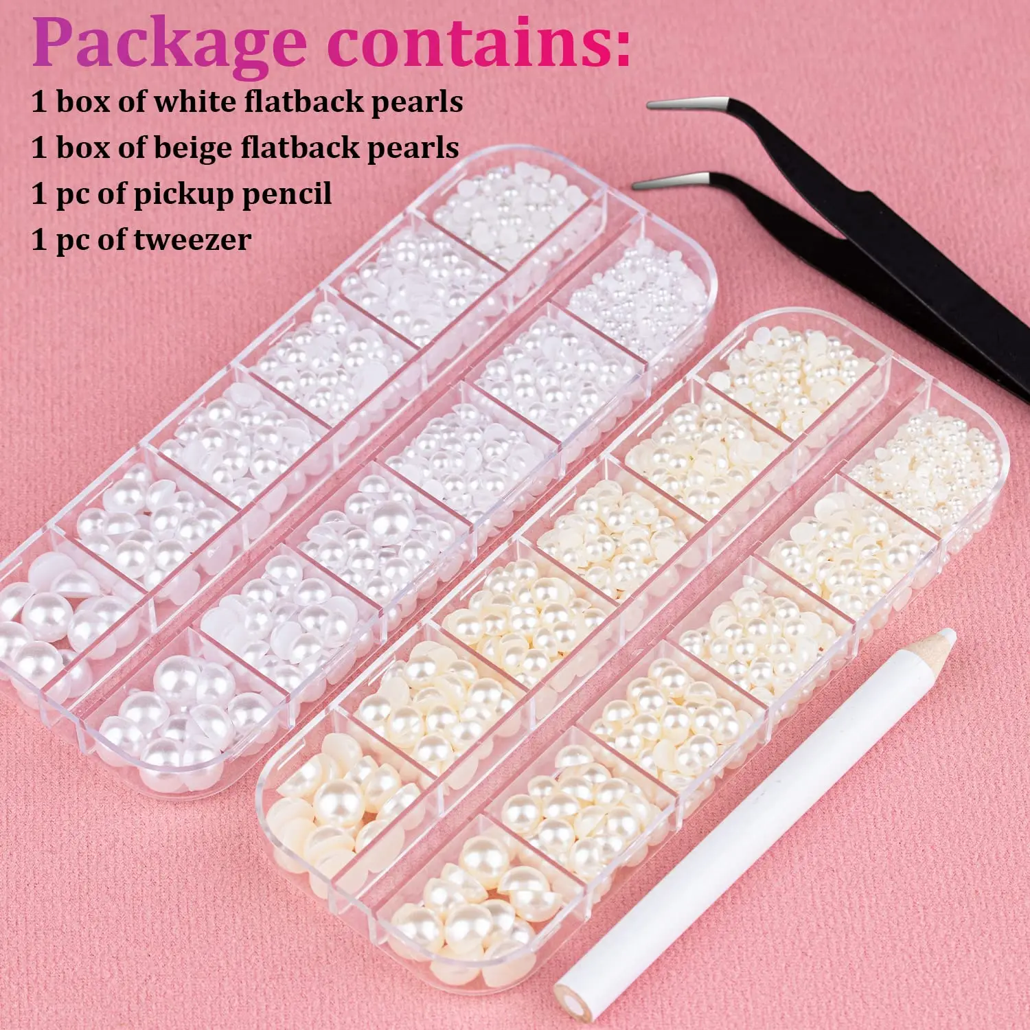 2700 Pcs Flat Back Pearls Kits, 1 Box of Flatback White+1 Box of Beige Small Half Round Pearls with Pickup Pencil and Tweezer