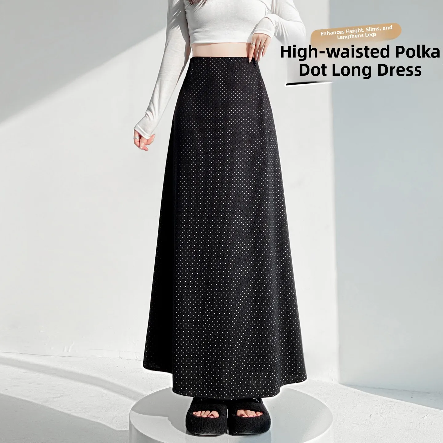 Black Polka Dot A-Line Skirt Women's Midi Length Slimming Half-length Umbrella Skirt High Waist Knitted High Elasticity