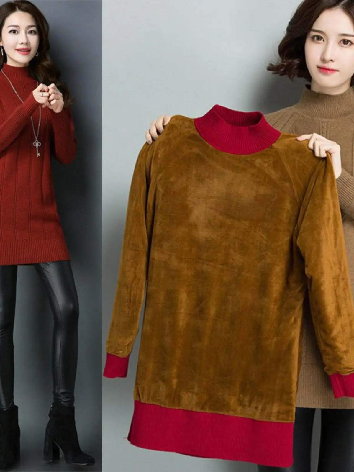 

Fce Lined Thiened Knitted Base irt Women's Autumn Winter New High Collar Loose plus Size Mid-Length Overhead Warmth Lu...