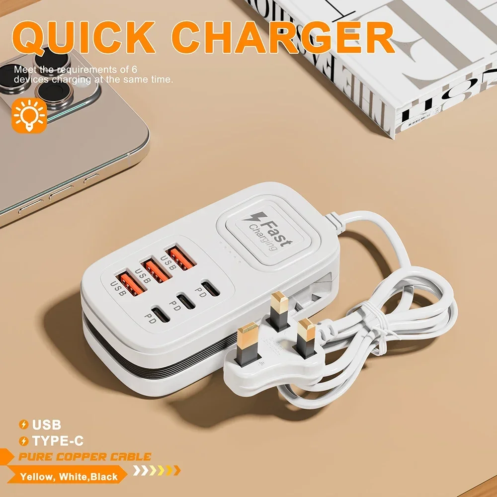 6-in-1-Desktop-USB-Ladestation, Typ-C-Schnellladegerät, Telefonladegerät, Mehrfachsteckdosenleiste für iPhone, Samsung, Xiaomi, EU/US/UK-Stecker – Detail 5