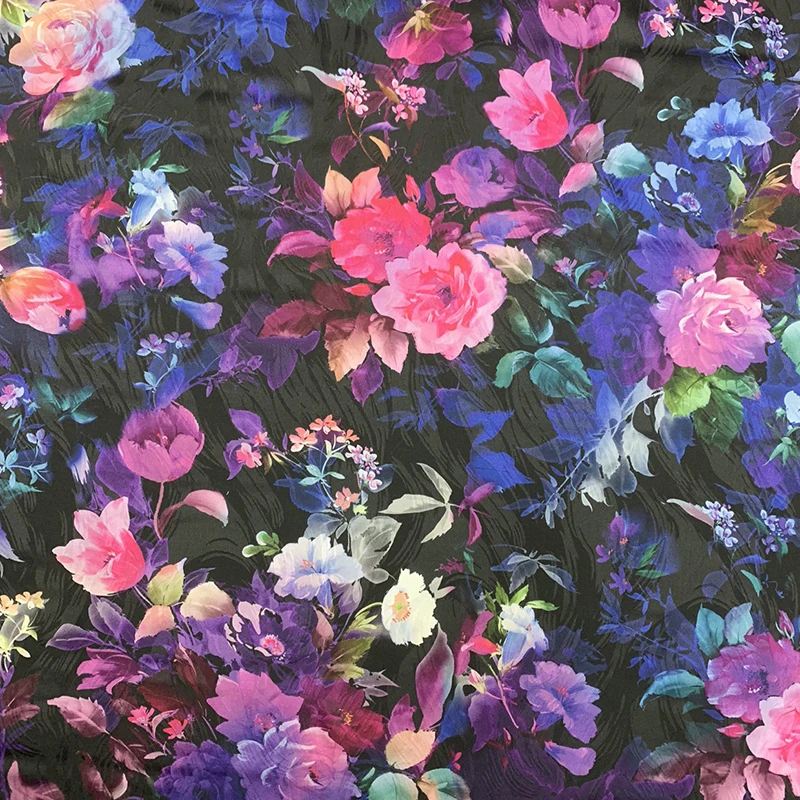 

1 метр 95% шелковый шелк 5% спандекс 25 мама жаккардовая шелковая ткань черный цветочный принт 108 см 42,5 дюйма шириной по дворам JX173