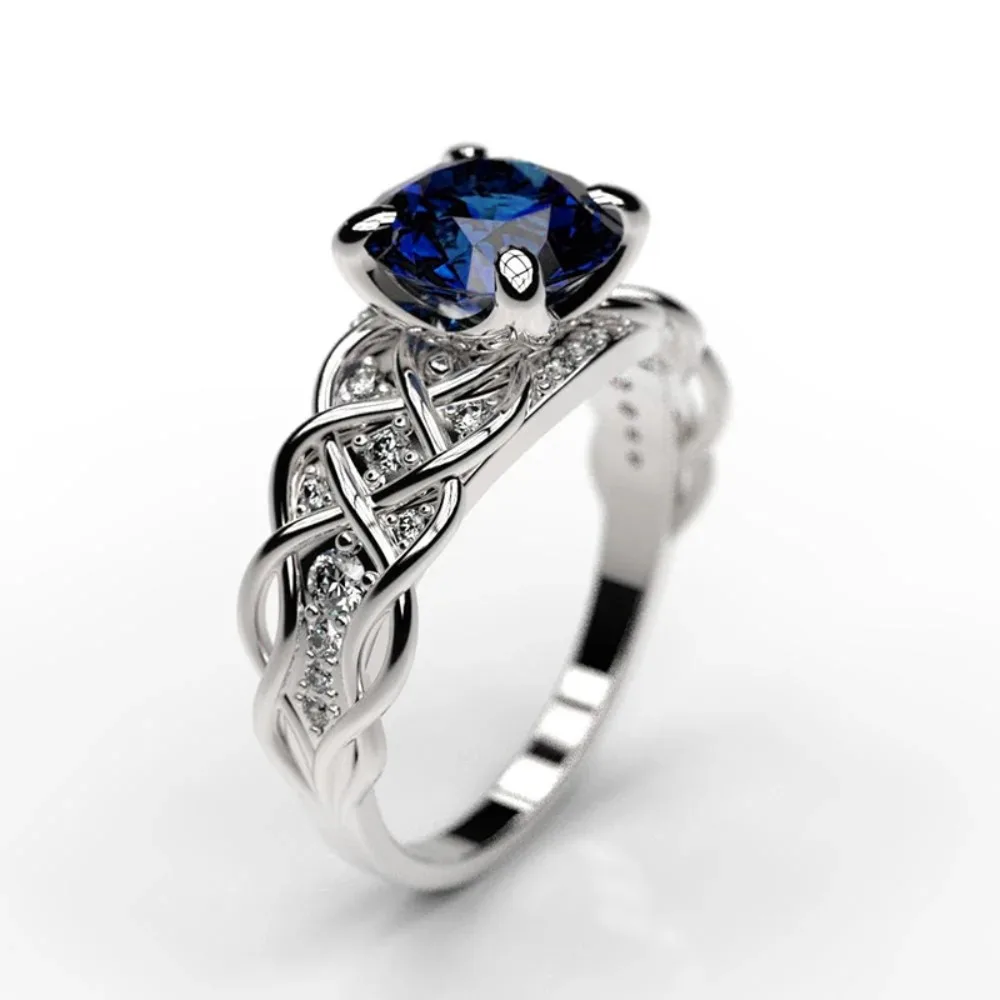 Luxury Vintage Celtic Knot Design Round Blue 5A Zircon Center Stone Rings for Women Engagement Wedding Party Fashion Jewelry