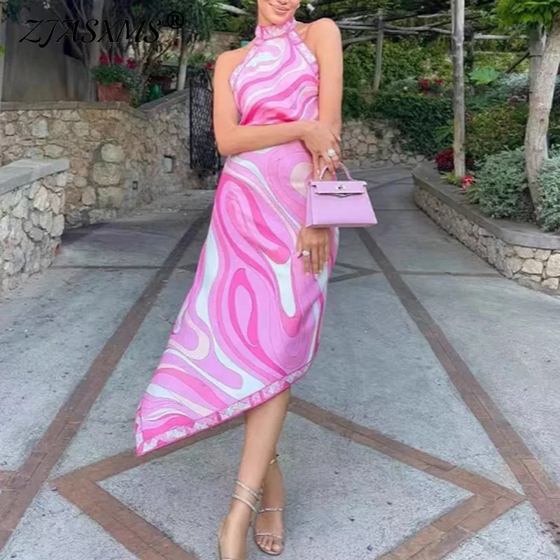 Abiti da vacanza 2025 Primavera Hollow Backless Tie-up Halter Abito irregolare Nuovo modello estivo Stampa Slim Boho Abito lungo Vestido