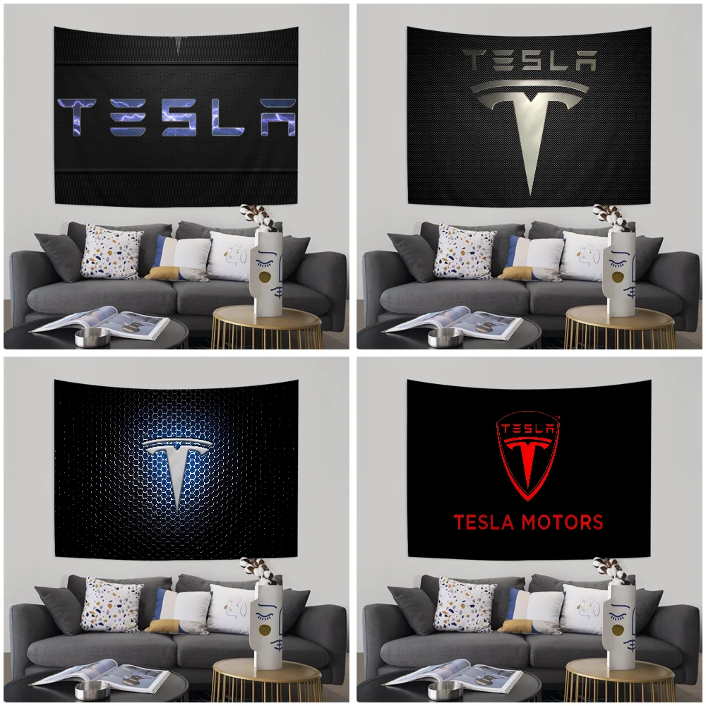 T-Teslas Logo Printed DIY Wall Tapestry Hippie Flower Wall Carpets Dorm Decor Wall Art Decor