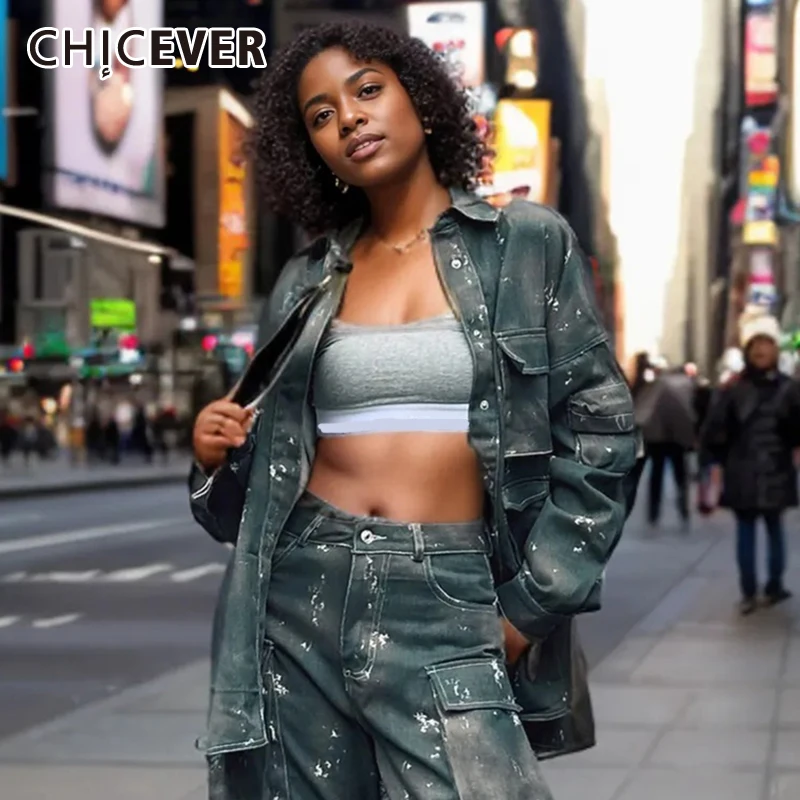 

CHICEVER Streerwear Camouflage 2 Piece Set Women Lapel Long Sleeve Spliced Buttons Coat High Waist Cargo Long Pant Outfit Female