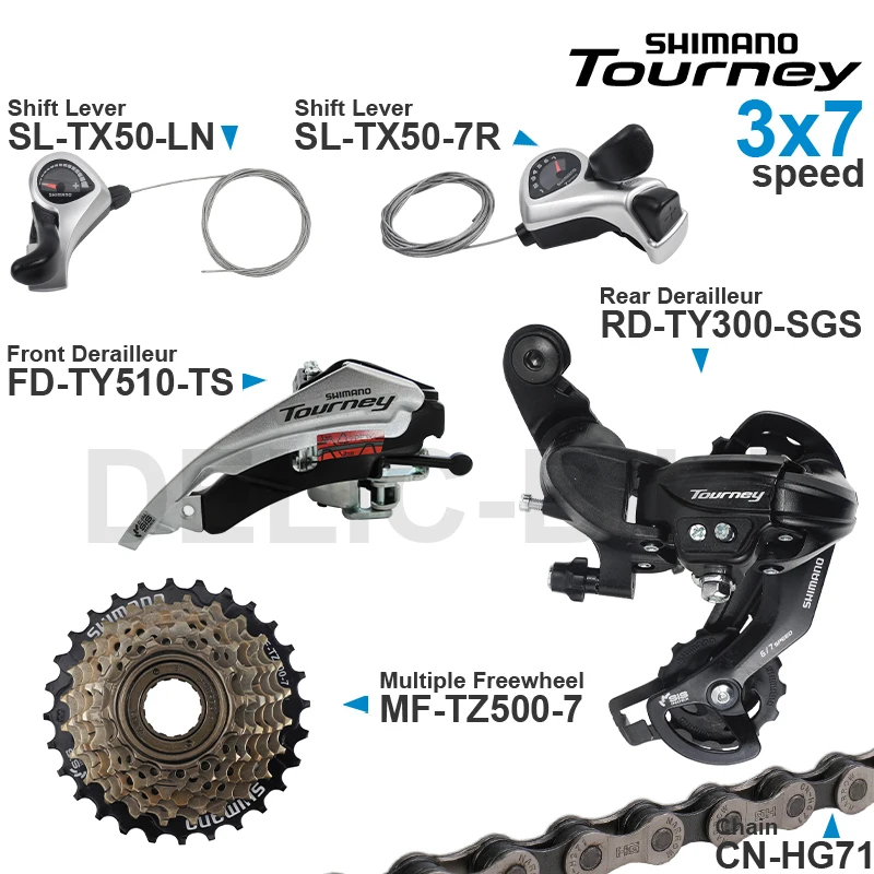 SHIMANO TOURNEY 3x6 3x7 Speed Groupset include SL-TX50 Shifter RD-TY300 Rear Derailleur MF-TZ500 Cassette Sprocket CN-HG71 Chain