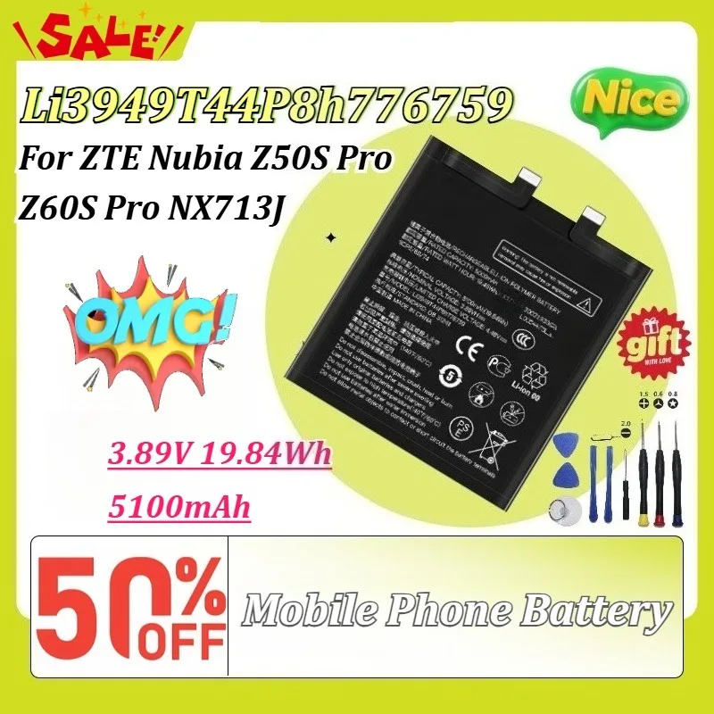 

Li3949T44P8h776759 3.89V 19.84Wh 5100mAh Mobile Phone Battery for ZTE Nubia Z50S Pro/Z60S Pro NX713J 1ICP6/68/74 with Free Tools