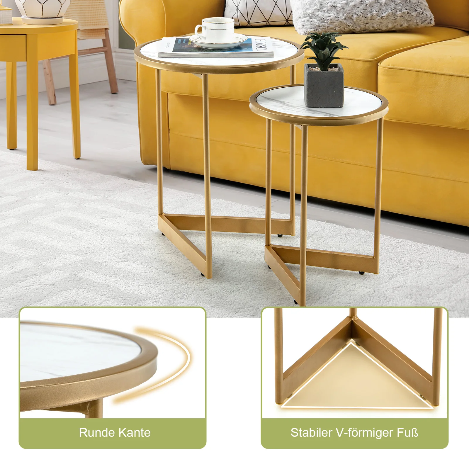 2 Set coffee table with marble look, side table wood with gold metal legs, coffee tables set modern compact for