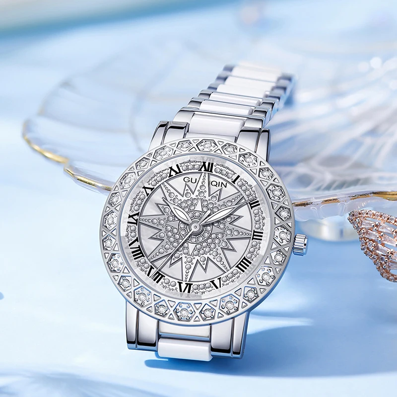 GUANQIN Luxury Women's Quartz Watch Rotating Snowflakes Luminous Hands Leisure 30M Waterproof Watch for Lady for Gifts