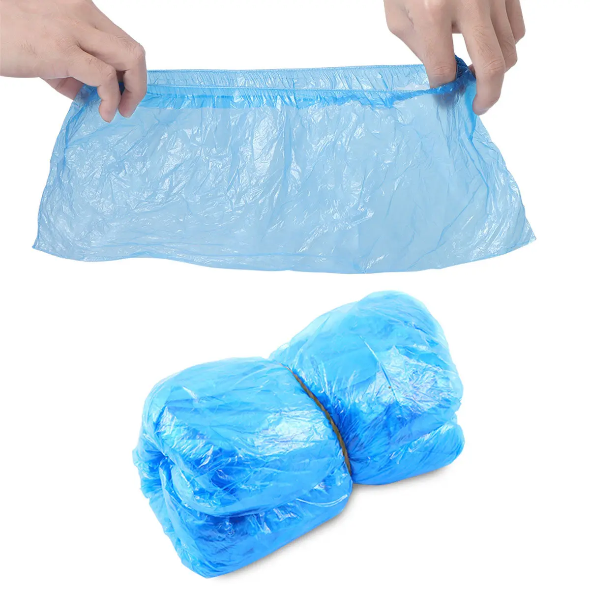 100Pcs Blue Plastic Shoe Covers 33x16cm One Size Fits All Elasticated Disposable Overshoes for Home Office Hotel Car Use