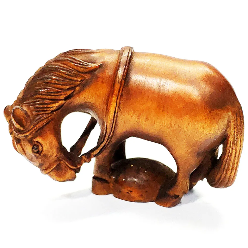 Y148, 2 INCH Japanese Boxwood Hand Carved Netsuke Sculpture Miniature : Zodiac Horse