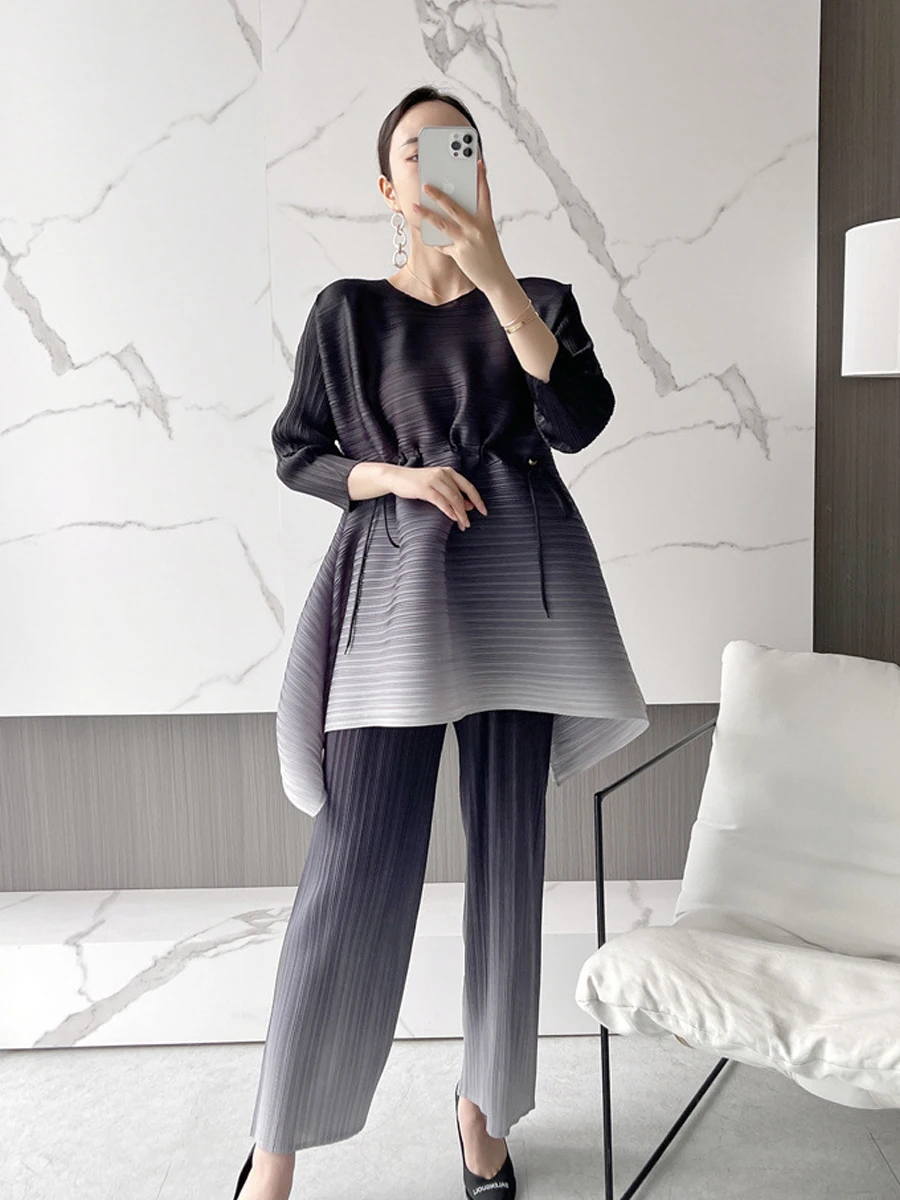 EGRM Gradient Pleated Set Drawstring Slim Full Sleeved Top and High Waisted Wide Leg Pants 2 Piece Sets for Women 2023 New 8RM91