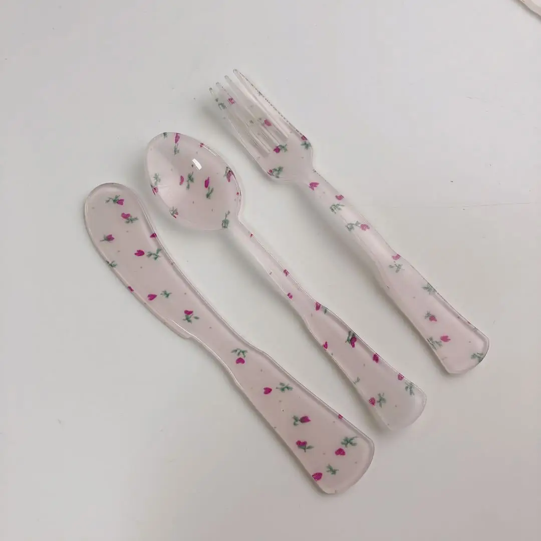 1 Set French Style Plastic Retro Plaid Dessert Spoon and Fork Tea Coffee Mixing  Flowers Vintage Drink Tableware  Teaspoons