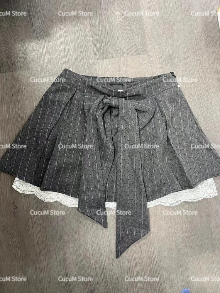 

Gray Pleated Skirt Women Lace Patchwork Mini Skirt with Bow Summer Fashion Lolita Style Striped Dot Print Cutecore Skirt