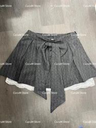 Gray Pleated Skirt Women Lace Patchwork Mini Skirt with Bow Summer Fashion Lolita Style Striped Dot Print Cutecore Skirt
